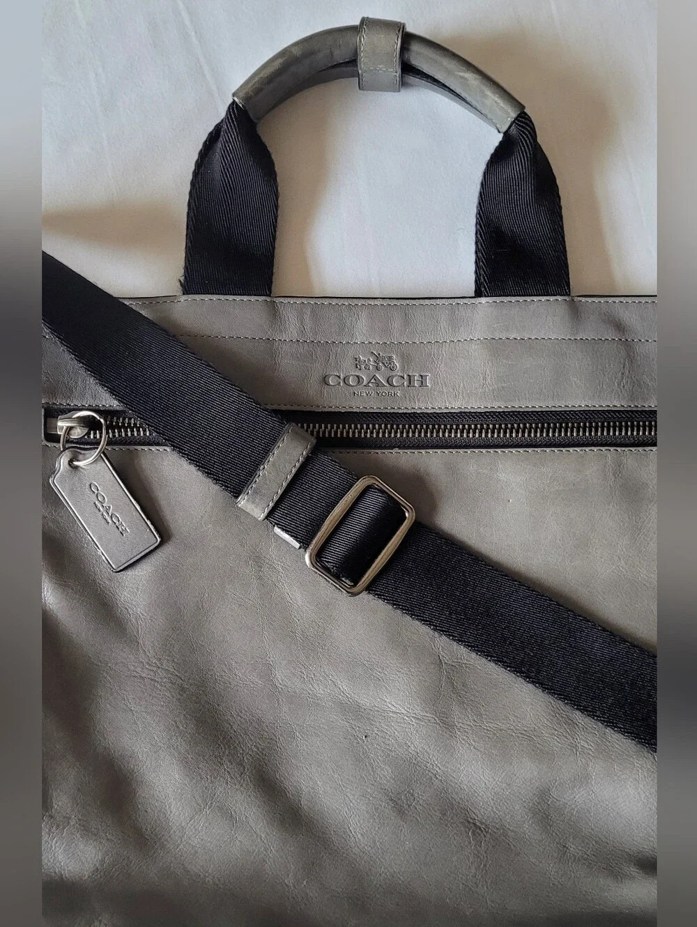 COACH Gray Leather Laptop Messenger Bag. Large Vintage.